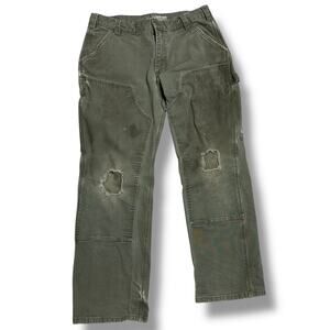 Carhartt Moss Green Double Knee Work Pants Distressed Duck Canvas Utility 34x30